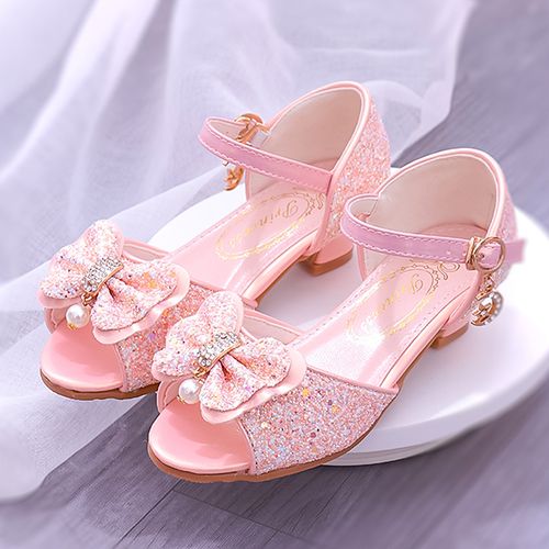 女童凉鞋夏季亮片公主鞋白色儿童水晶表演鞋小女孩洋气时装高跟鞋