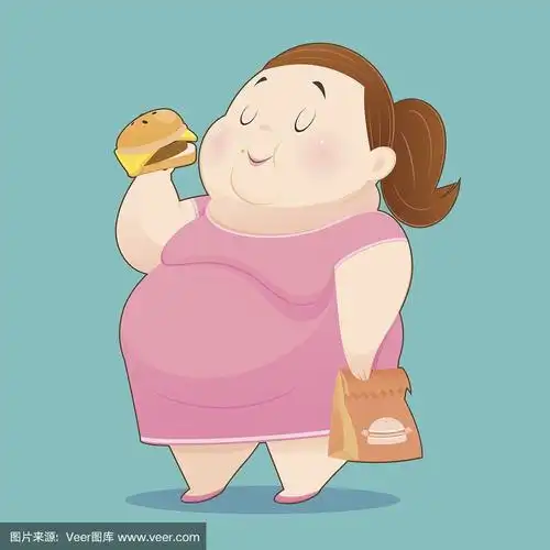 胖女人喜欢吃很多垃圾食品-超重的人品尝快餐,想法概念与字符设计