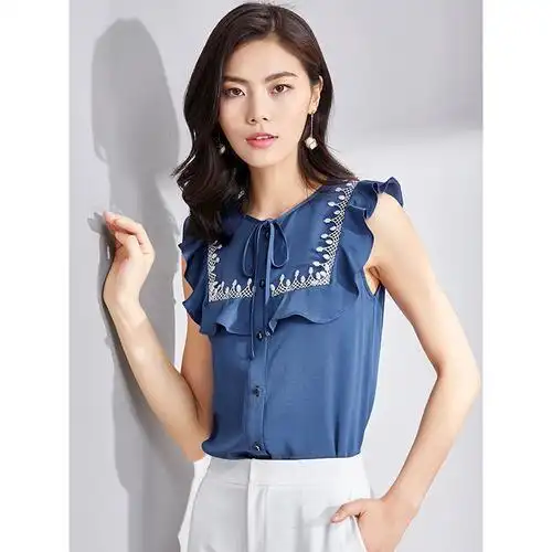 欧昵雪夏圆领蝴蝶结系带衬衣拼接荷叶边无袖衬衫女上衣x