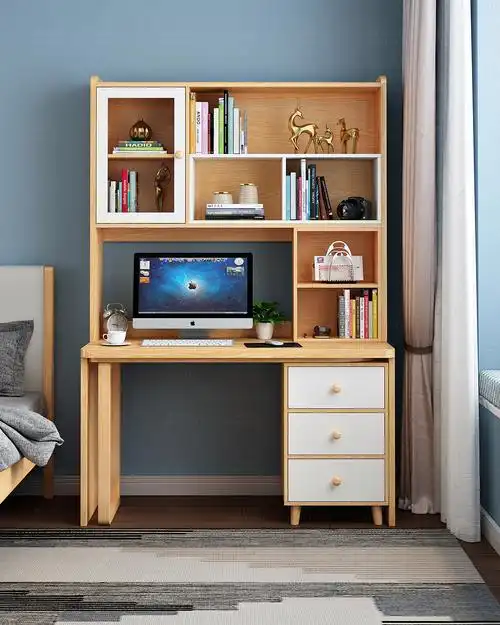 3d家具效果图办公家具实木书桌书架组合桌书柜办公桌