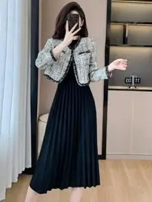 法式小香风短外套内搭黑色连衣裙两件套女秋冬高级感百褶长裙套装