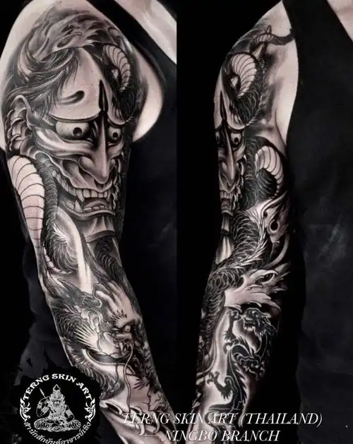 传统花臂纹身图片_成品手臂传统鬼神纹身图案