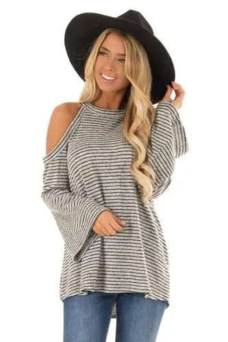 heather grey slashed long sleeve top with black lace lining