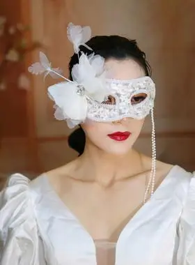 新娘白色蕾丝手工羽毛蝴蝶珍珠流苏假面具生日派对舞会万圣节狂欢