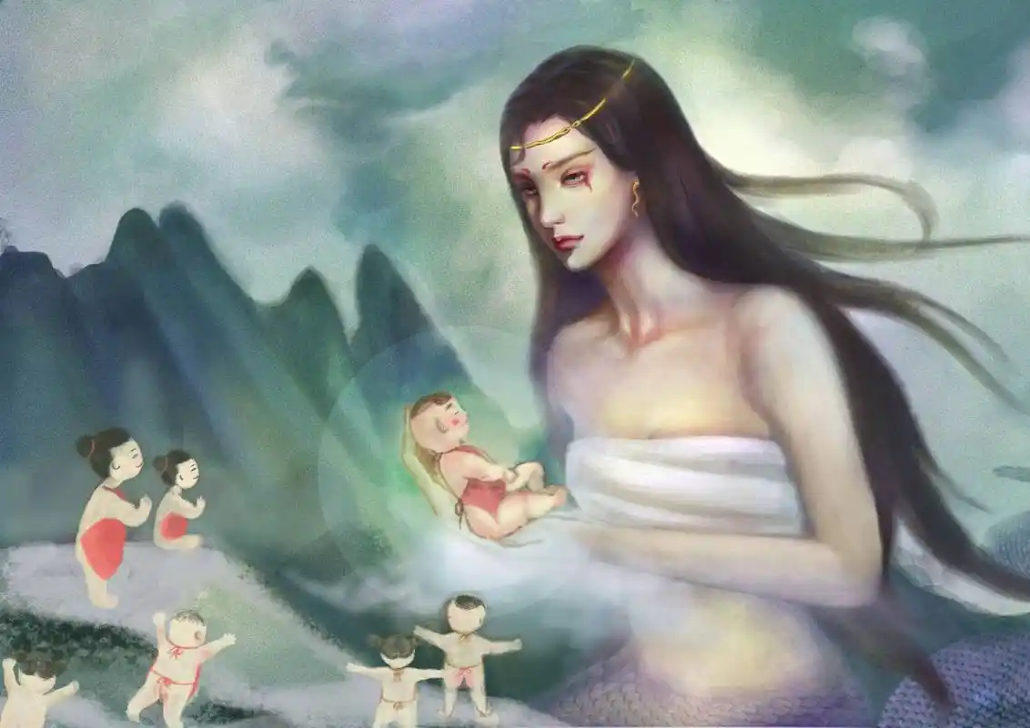 女娲造人  盘古开辟了天地之后,天上有了太阳,月亮,星星,地上有了山川