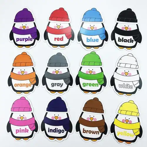 宝宝英语颜色配对认知逻辑小企鹅戴帽子单词闪卡早教闪卡