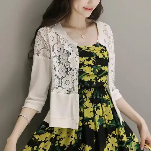 针织衫女蕾丝开衫短款修身春夏季镂空薄款外套蕾丝拼接空调衫外搭