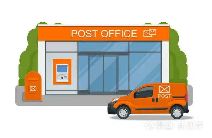 邮局服务与邮差驾驶车为交付.背景上隔离的矢量插图.对应孤立向量例证