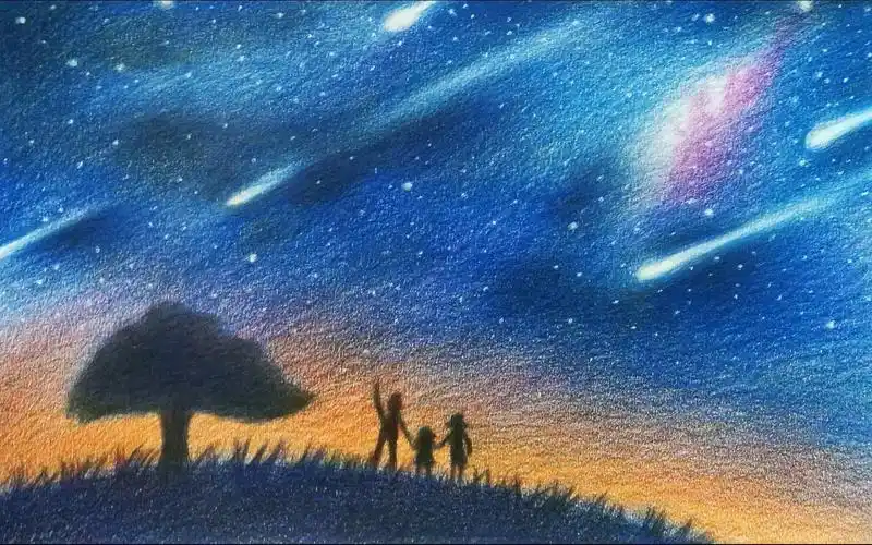 彩铅学院派彩色铅笔素描教程彩铅风景流星雨1