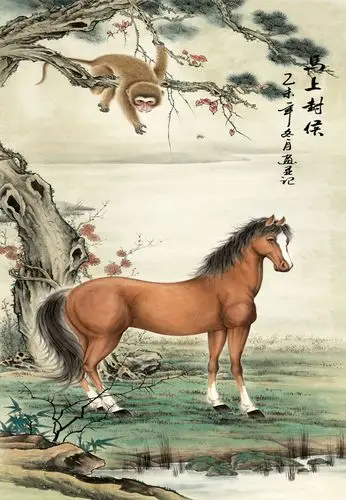 44-649国画字画 工笔动物猴子 马上封侯 家居装饰高仿真画芯批发