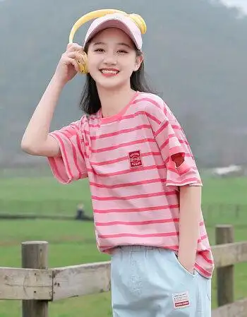 中学生初中生高中生夏天短袖套装女生衣服夏天条纹t恤时尚休闲女韩版
