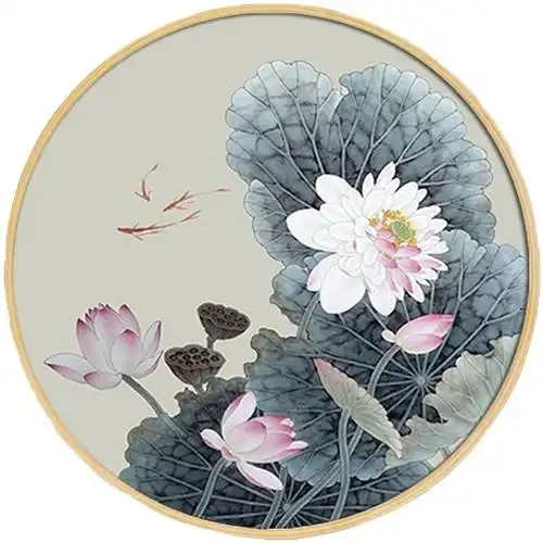 新中式禅意水墨荷花实木圆形装饰画创意花卉国画现代客厅有框挂画