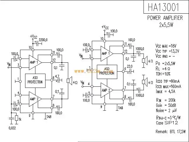 ha13001桥接(btl)功放电路图