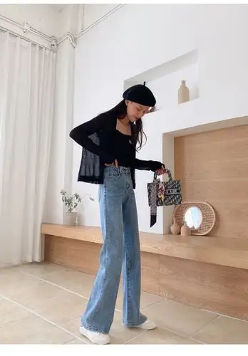 女士阔腿牛仔裤2020秋季新款宽松显瘦泫雅直筒牛仔裤女