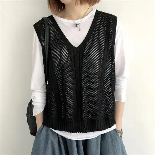 针织背心马甲女春夏薄款镂空马夹v领外搭套头宽松大码无袖坎肩潮