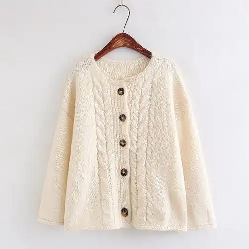 森女系春季新款门襟麻花女式圆领宽松显瘦针织毛衣开衫外套s6827