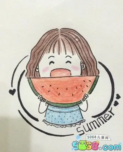 夏天吃西瓜的小姑娘人物手绘教程分享_夏天儿童画__小马感悟网,灵异