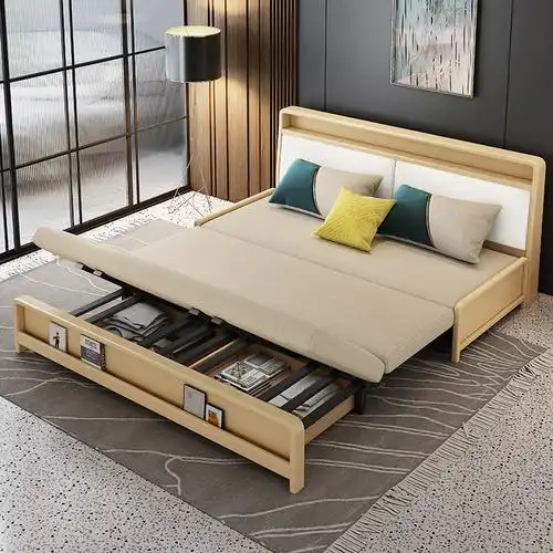 福喜人间实木沙发床两用可折叠储物简约小户型多功能现代客厅双人布艺