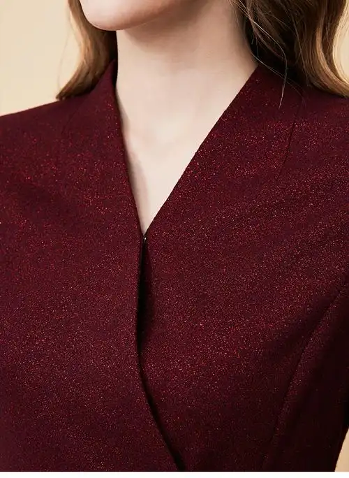 皮尔卡丹女装专柜正品酒红色长袖收腰连衣裙秋季新款羊毛裙子商场同款