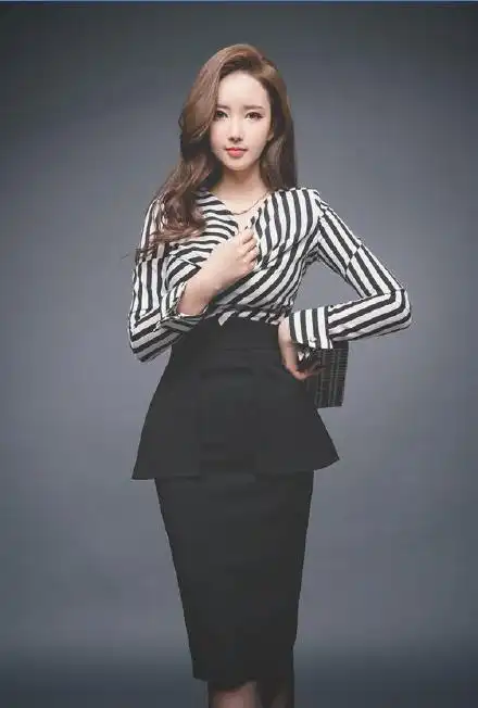 黑白条纹职业装连衣裙ol美女写真图片