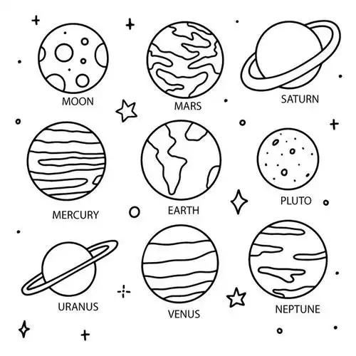 9款简约手绘线条风格的太阳系八大行星天文科普图片免抠素材