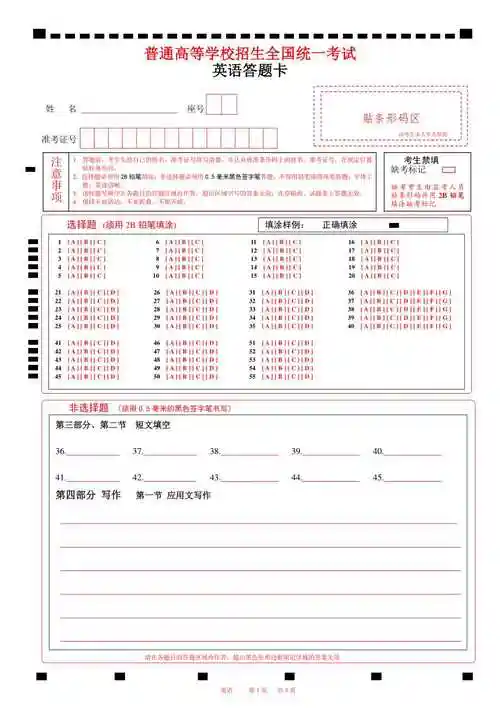 a4版2023山东英语高考答题卡(新高考i卷)有听力w.pdf_第1页