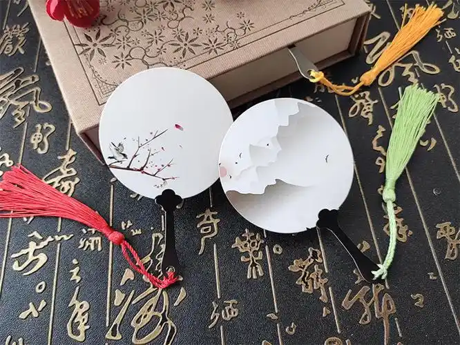 儿童手工制作材料书签创意复古风扇形空白diy手绘卡纸异形桃花团扇子