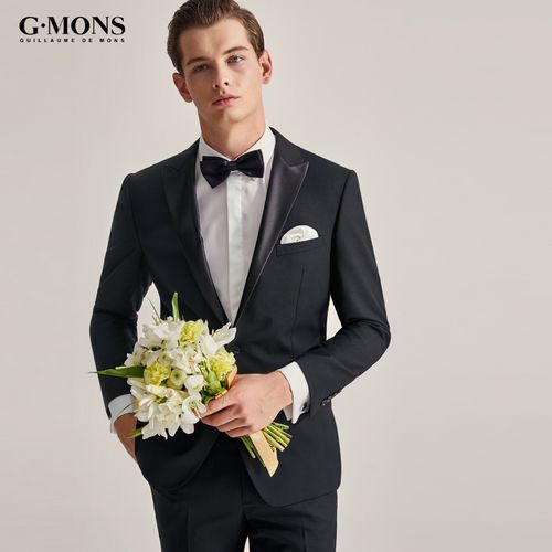 西服套装男新郎结婚礼服伴郎宴会主持人戗驳领修身西装亮黑色正装