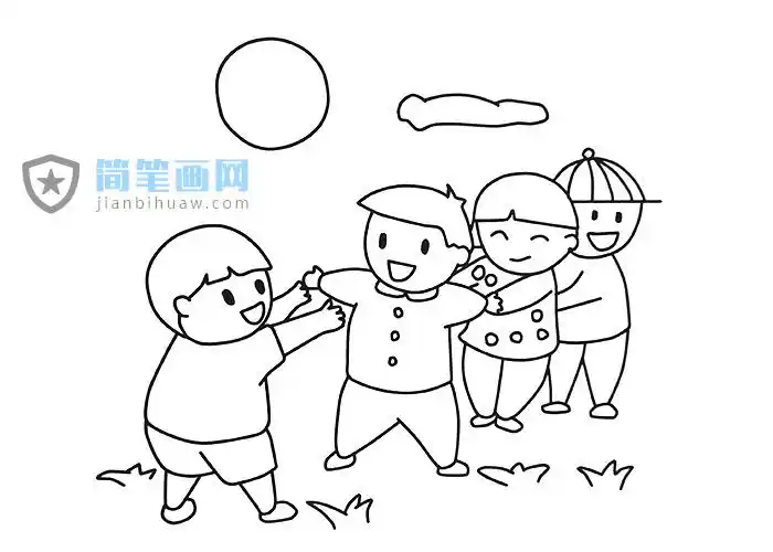几个小朋友在玩老鹰捉小鸡的游戏简笔画