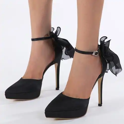 2024夏季新款欧美后跟细跟凉鞋蝴蝶结防水台尖头高跟女鞋外贸42