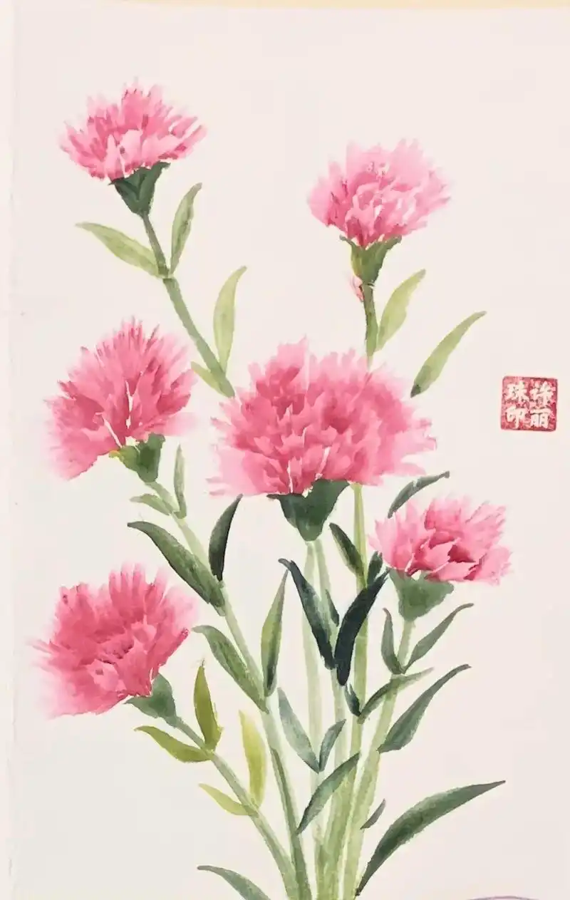 国画写意花鸟画《康乃馨》#想画就画 #感受国画的意境之美 - 抖音