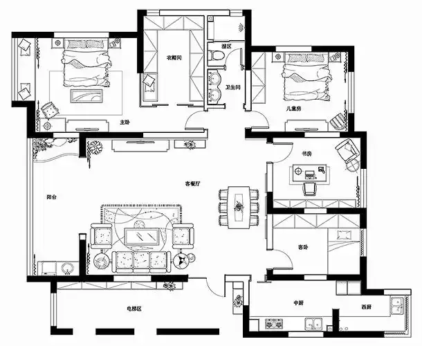 郑州永威东棠装修效果图180平四室两厅新古典设计方案---平面布局图