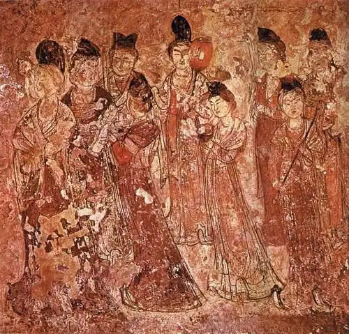 穿襦裙,半臂,披帛的宫廷侍女(陕西乾县李山蕙墓壁画)