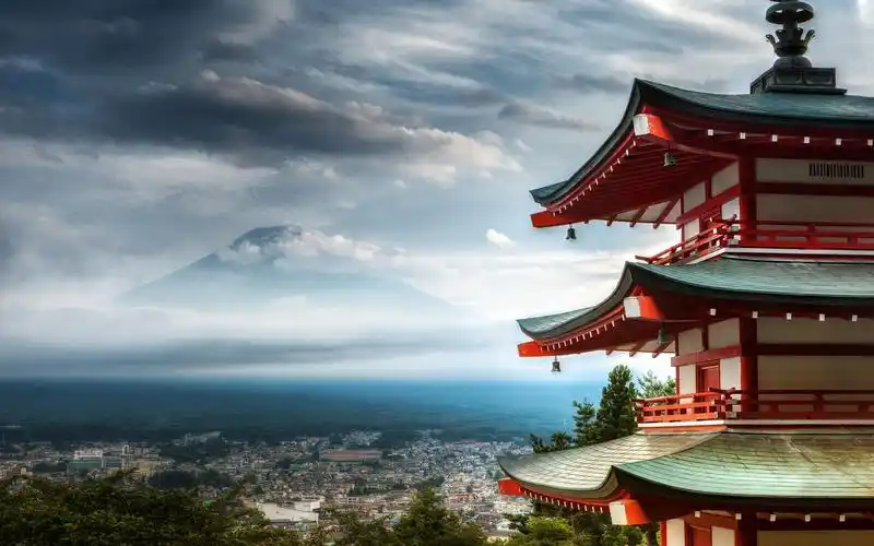 mount fuji,cityscape,pagoda,overcast,壁纸,高清壁纸地点,国家,日本