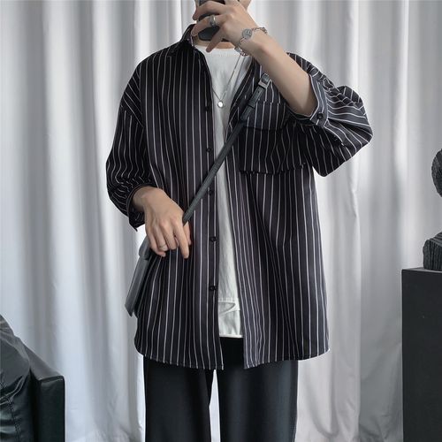 华仔穿搭夏季条纹工装短袖衬衣男士宽松衬衫衬衫