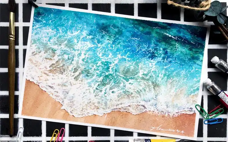 【水彩教程】水彩手绘过程风景画沙滩大海礁石海浪系列—沙滩与海