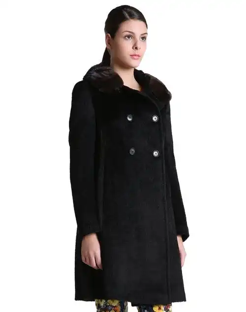 黑色水貂毛双排扣大衣