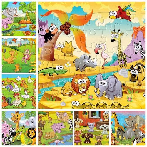 8张一套40片卡通动物世界益智纸制卡通动漫平面拼图幼儿童玩具