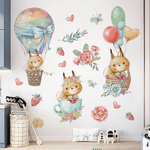 小松鼠鲜花热气球卡通贴纸儿童房幼儿园托班教室可爱萌趣墙贴自粘