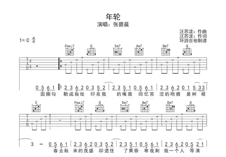 年轮吉他谱_张碧晨_c调弹唱