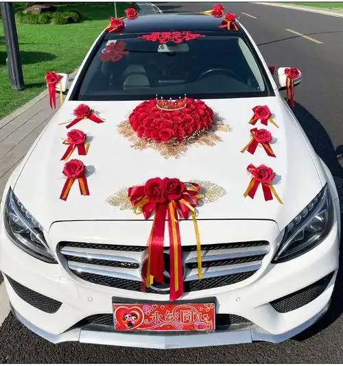 婚车头车装饰车队拉花布置2022新款吸盘式彩带车头花全套花车 【款式