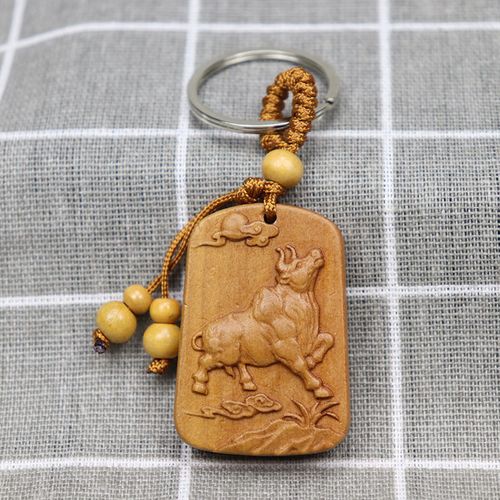 桃木雕生肖牛车钥匙扣木质扭转乾坤金钱牛礼品挂件旅游纪念品吊坠