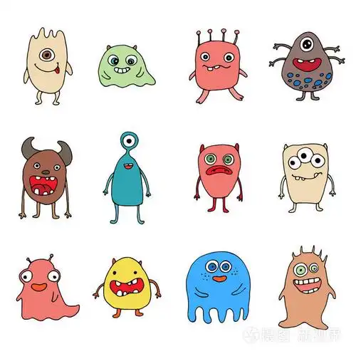 一组手绘彩色涂鸦怪兽