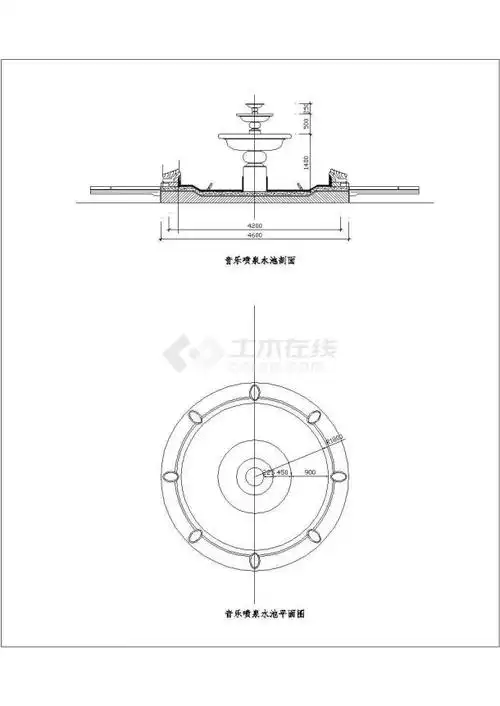 音乐喷泉方案,内容包括:各方位的平面图 ,立面图和设计说明等,设计