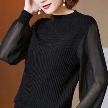 新款气质灯笼袖上衣外穿洋气网纱半高领针织衫打底衫女长袖薄黑色m