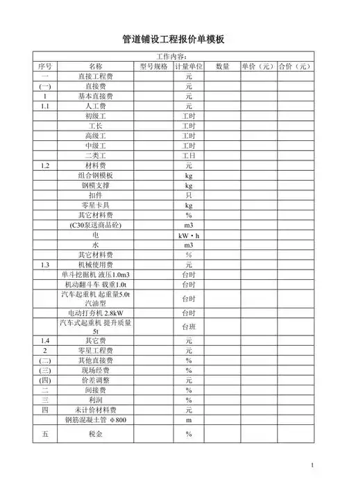 管道铺设工程报价单模板