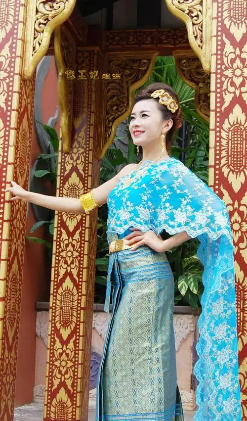 泰式礼服女蓝色单肩有披纱泰国传统款式公司年会走秀服装特价迎宾