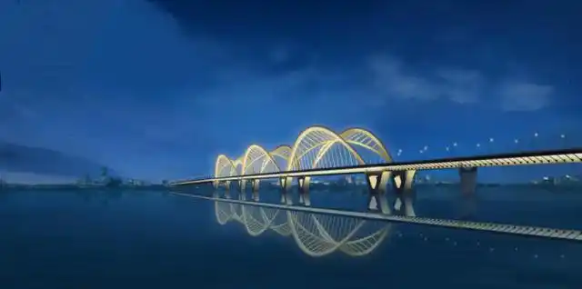 亮化效果图 大桥拱桥部分亮化,将展现大桥清晰,完整的腾飞之式,同时