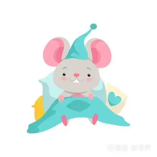 可爱的老鼠在睡帽躺在床上, 有趣的动物卡通人物向量例证在白色背景