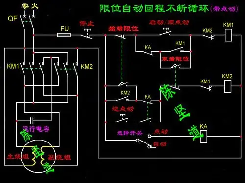 要实现一台机器使用220v带减速箱的电机自动循环上下及实现点进,点退